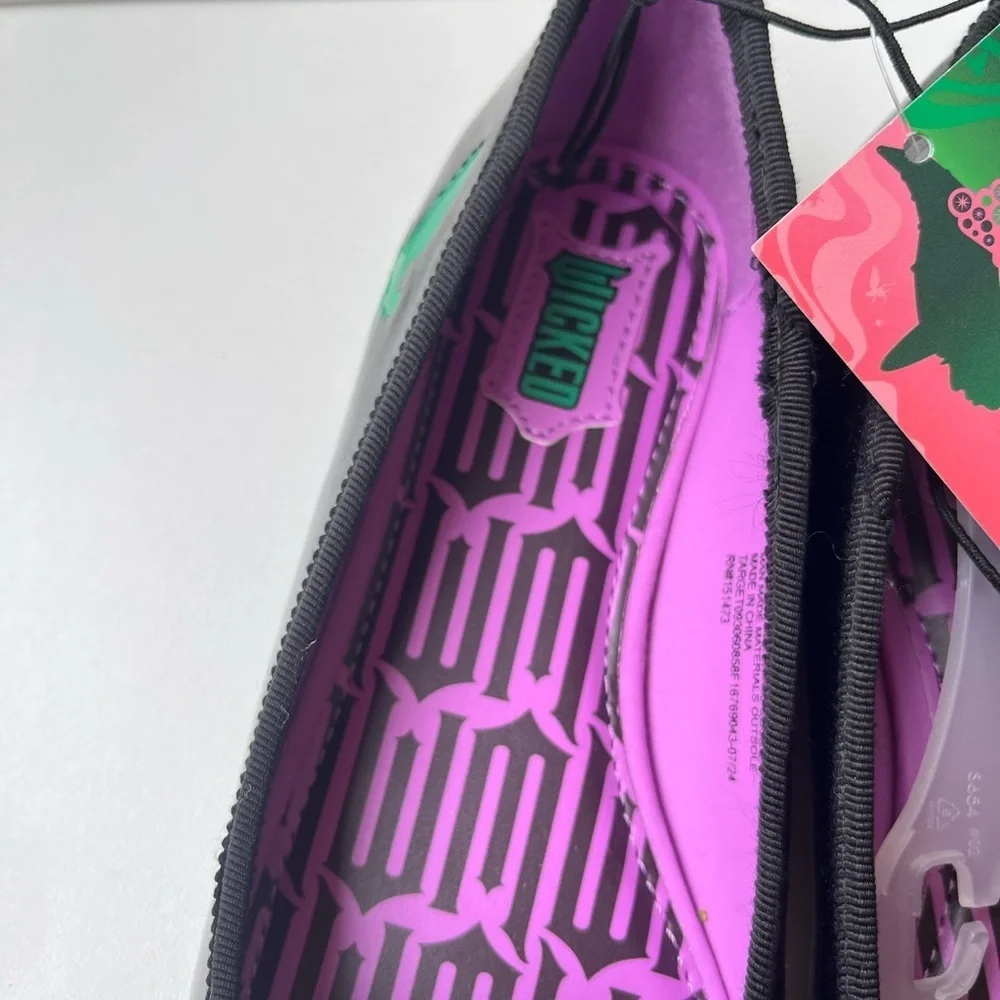 NEW Wicked Black + Purple Ballet Flats Girls Size 3 with faux diamond bow +logo